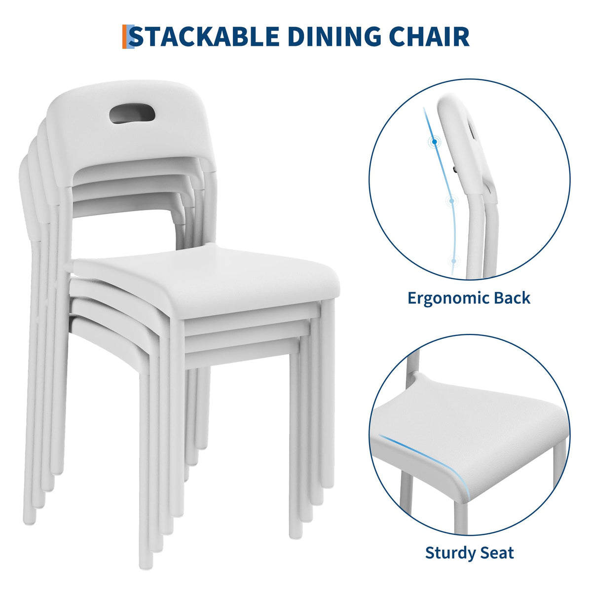 Ensemble de 4 chaises de salle à manger Garvee - Empilables, ergonomiques - Pieds en métal, plastique - Blanches - Pour la cuisine, le bureau et les espaces extérieurs