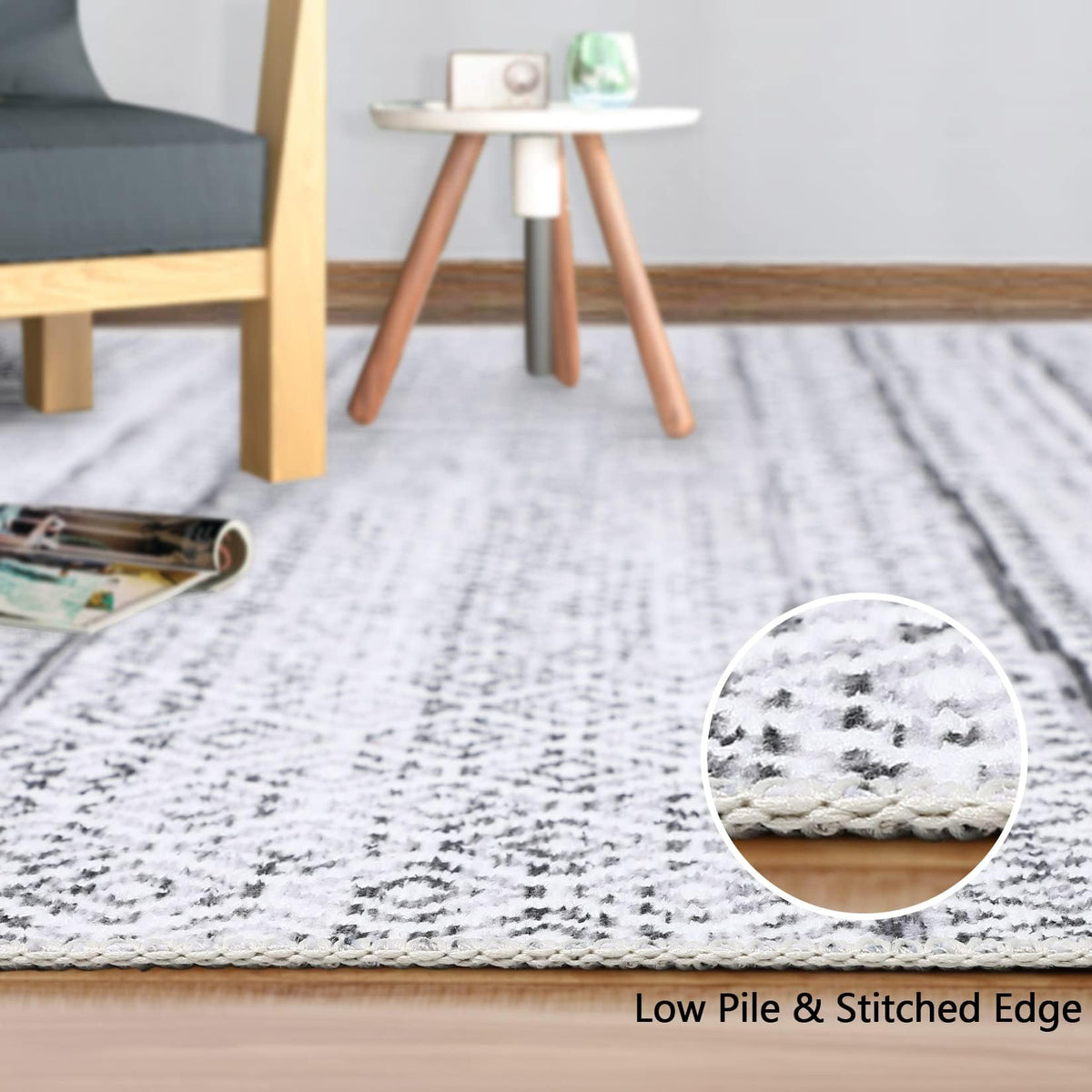 Tapis marocain bohème GARVEE 200x290cm Gris, déperlant, à poils courts, résistant aux taches et à l'huile, lavable, salon et chambre