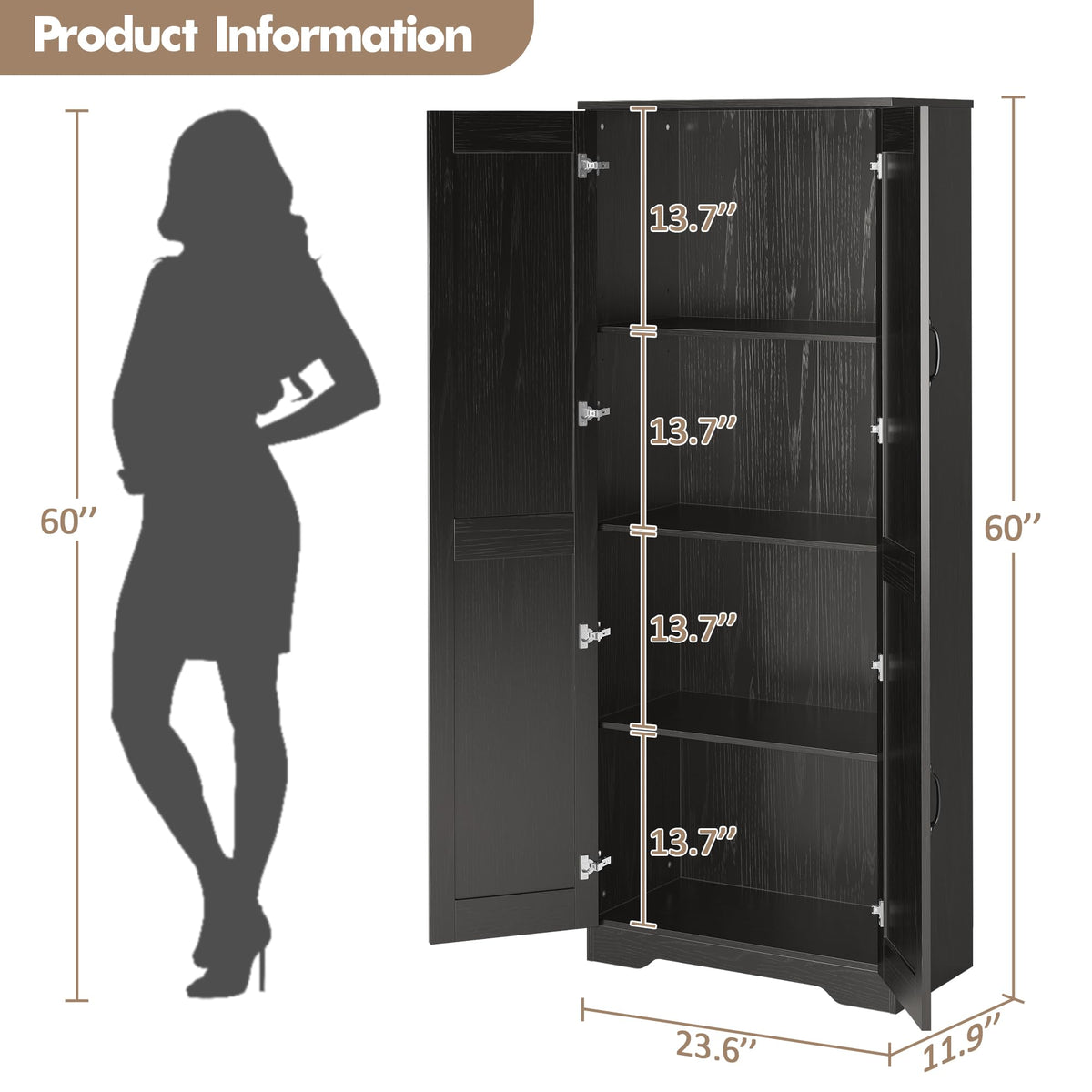 Garvee armoire de rangement haute 152 × 60 × 30 cm noire, 2 portes et étagères réglables