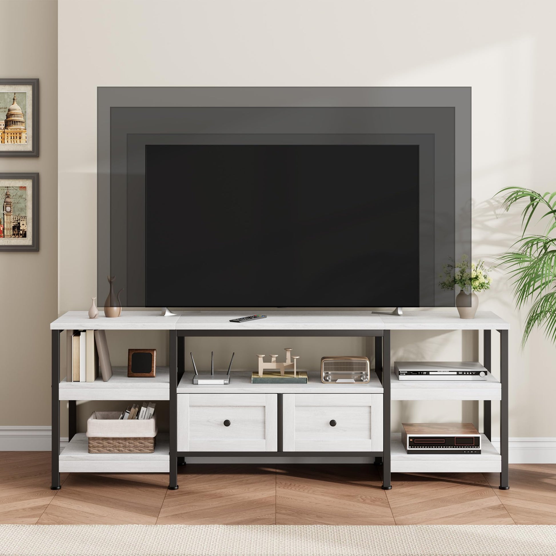 Meuble TV industriel Garvee de 160 cm avec 2 tiroirs, structure en MDF et métal, blanc, pour salon et bureau