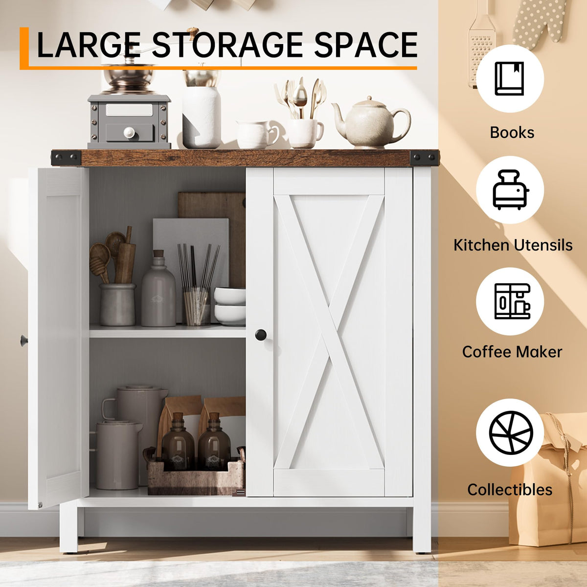 Garvee buffet de cuisine avec portes, étagère réglable, style campagnard, pour cuisine, salon, salle à manger, blanc et brun