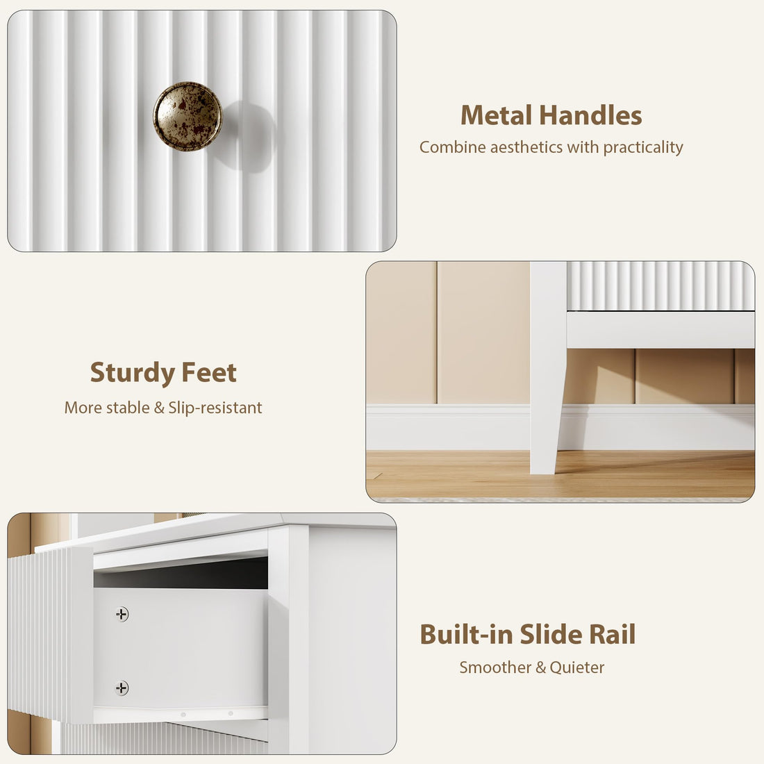 Garvee commode blanche cannelée à 3 tiroirs, en bois, pour chambre ou couloir, 80 cm (L) × 75 cm (H), blanc