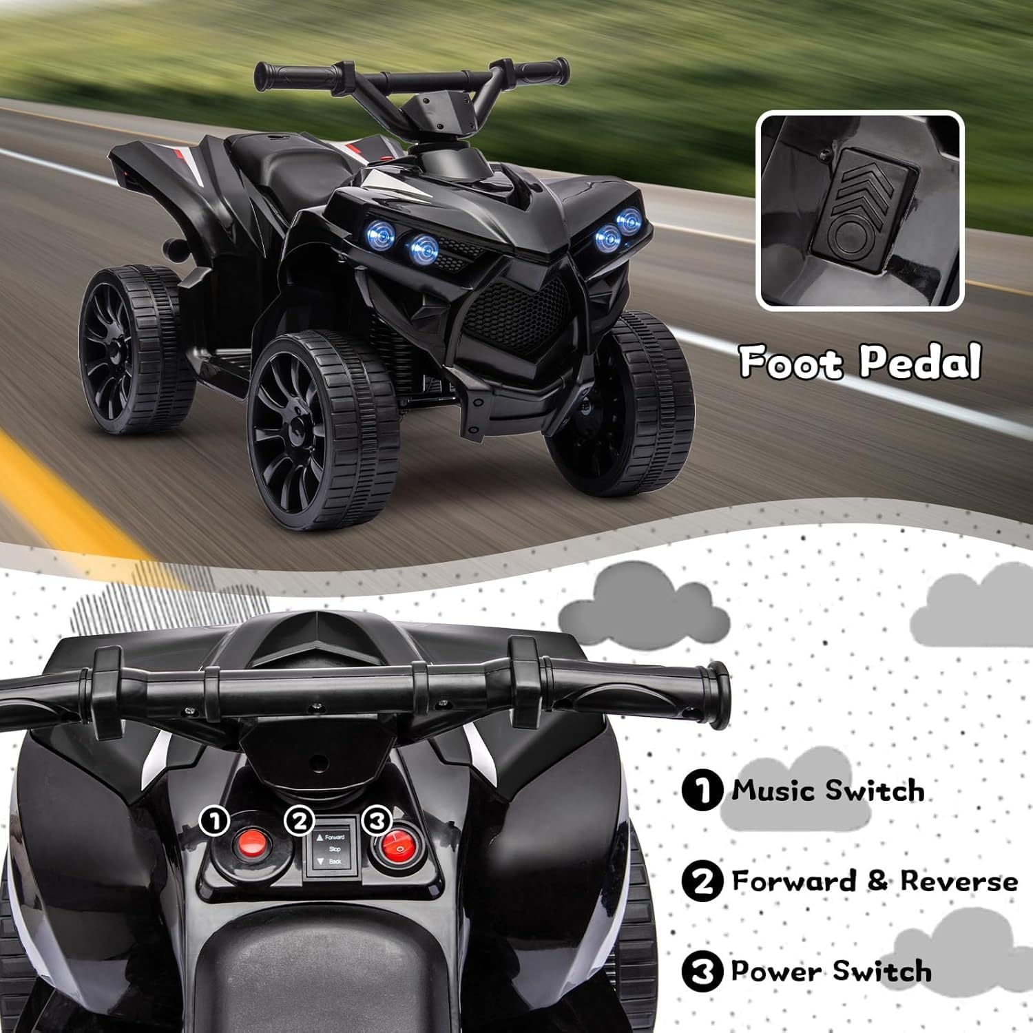 Garvee Quad électrique enfant 6 V avec éclairage LED, musique et conduite sécurisée, noir, dès 3 ans