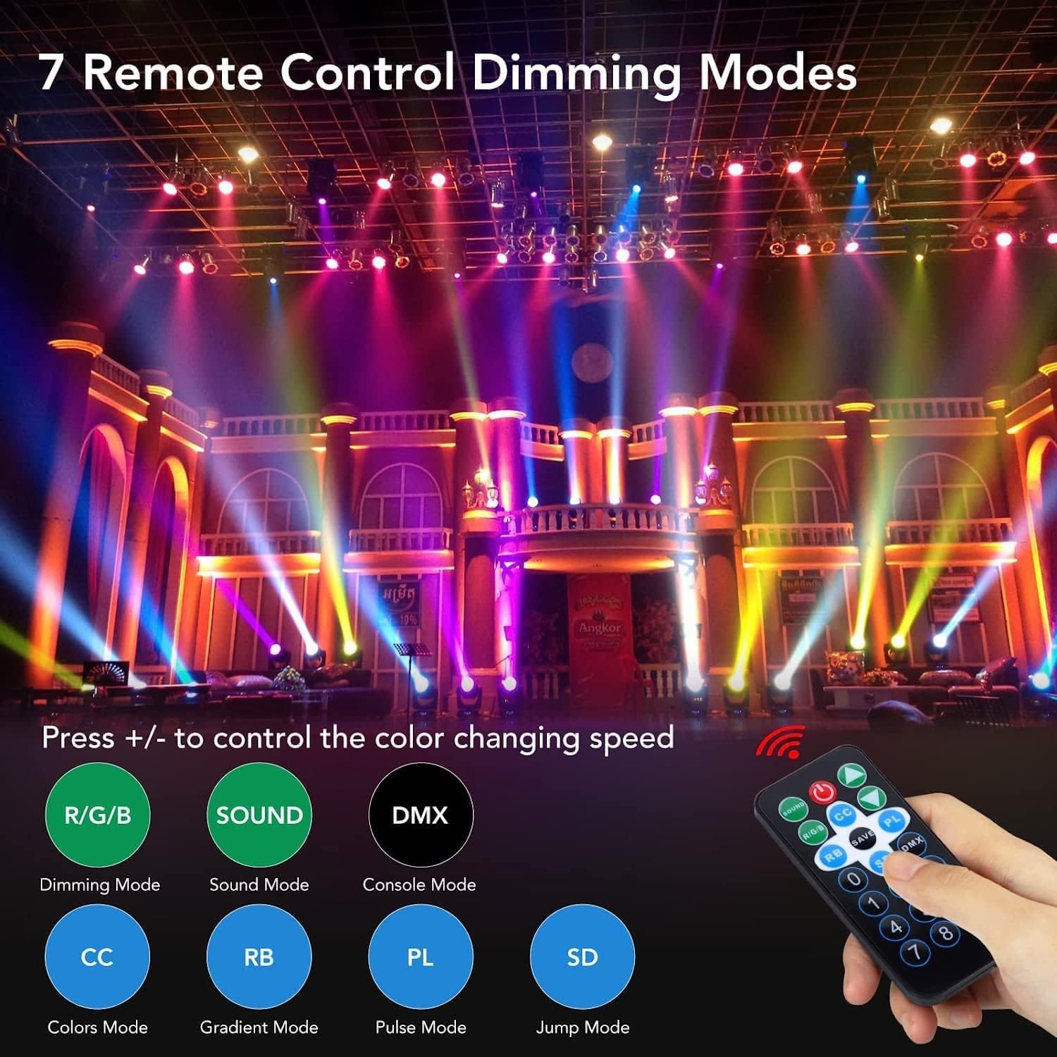 Lot de 4 projecteurs LED GARVEE RGB 36 LED DMX512 activés par le son, support métallique, protection IP20, noir compact, idéal pour soirées disco et scènes.