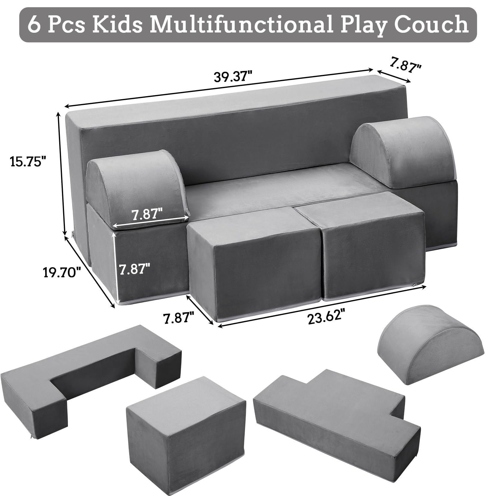 Canapé de jeu Garvee pour enfants, 6 pièces, modulaire, en mousse haute densité, housse amovible en microfibre, gris foncé, pour salle de jeux et chambre, 100 cm (L) x 50 cm (P) x 40 cm (H)