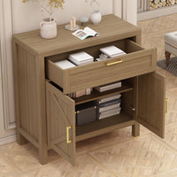 Buffet Garvee avec rangement, style campagne moderne, 2 portes, étagère réglable, MDF P2, poignées dorées, salon, cuisine, 87 cm L x 90 cm H, couleur bois