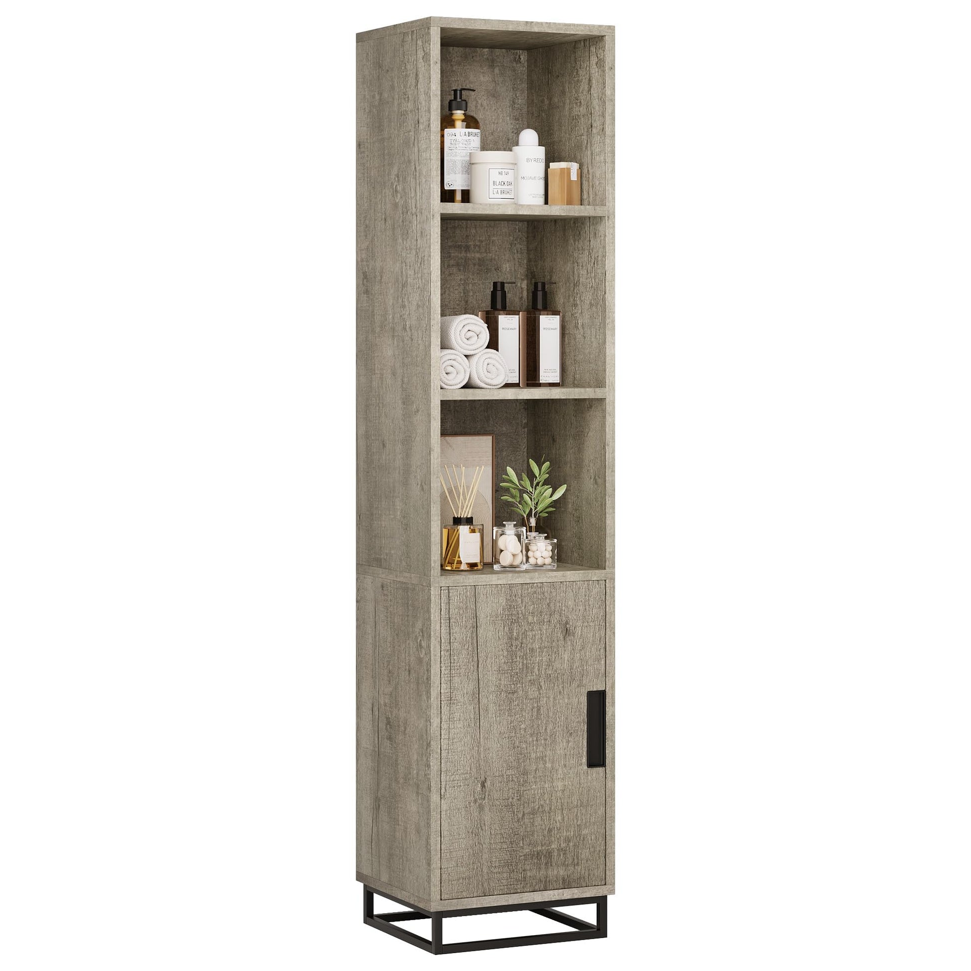 Armoire de salle de bain haute Garvee 70 po étroite avec porte et étagère réglable, en bois noir de style champêtre moderne, idéale pour la cuisine et le salon.