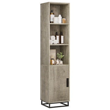Armoire de salle de bain haute Garvee 70 po étroite avec porte et étagère réglable, en bois noir de style champêtre moderne, idéale pour la cuisine et le salon.