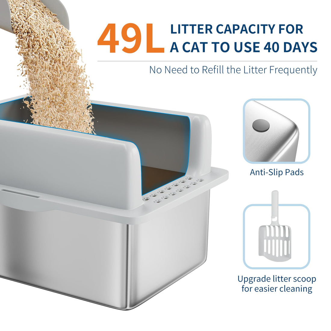 Garvee Bac à litière XL en acier inoxydable pour grands chats, caisse fermée avec couvercle, bords hauts anti-fuite, nettoyage facile, anti-odeurs, avec pelle et marchepied