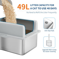 Garvee Bac à litière XL en acier inoxydable pour grands chats, caisse fermée avec couvercle, bords hauts anti-fuite, nettoyage facile, anti-odeurs, avec pelle et marchepied