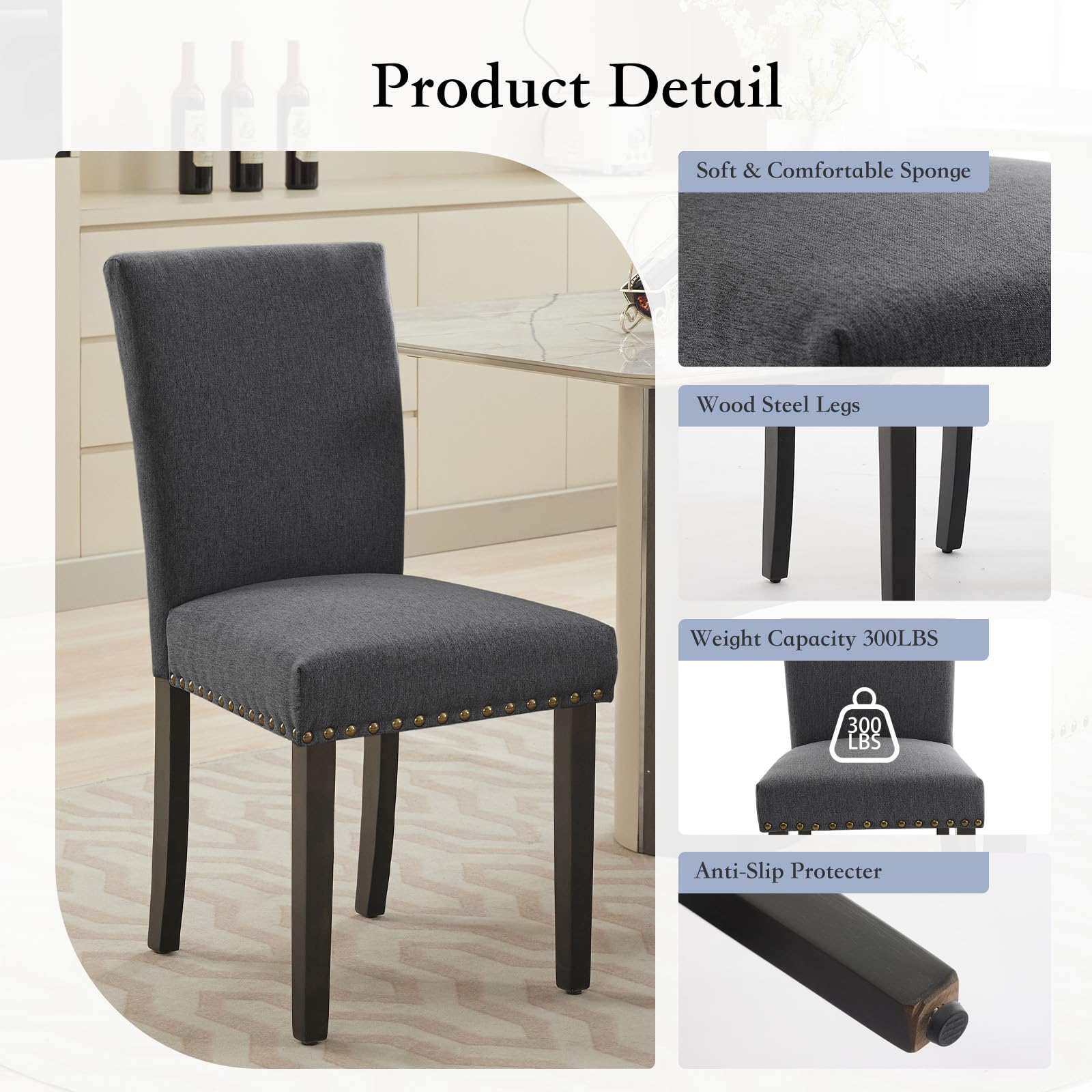 Ensemble de 2 chaises de salle à manger Garvee, revêtues de tissu et décorées de clous décoratifs. Ergonomiques et robustes, elles sont en bois d'hévéa gris foncé et conviennent aussi bien à la salle à manger qu'au salon.