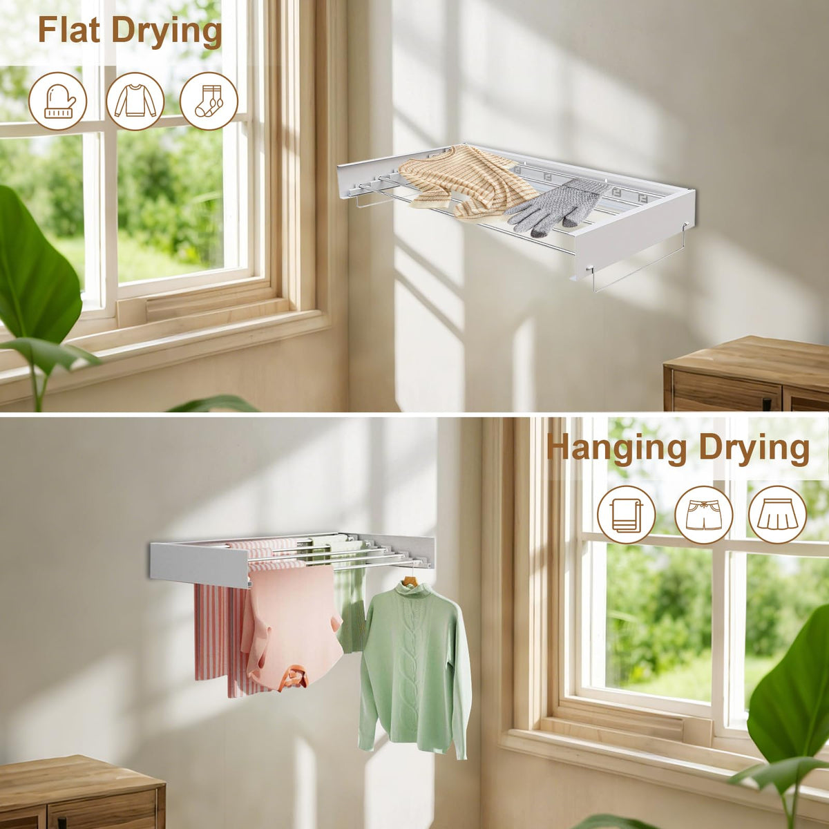 Étendoir à linge mural Garvee avec 6 barres en aluminium, pliable, pour salle de bain et buanderie, gain de place, stable, blanc