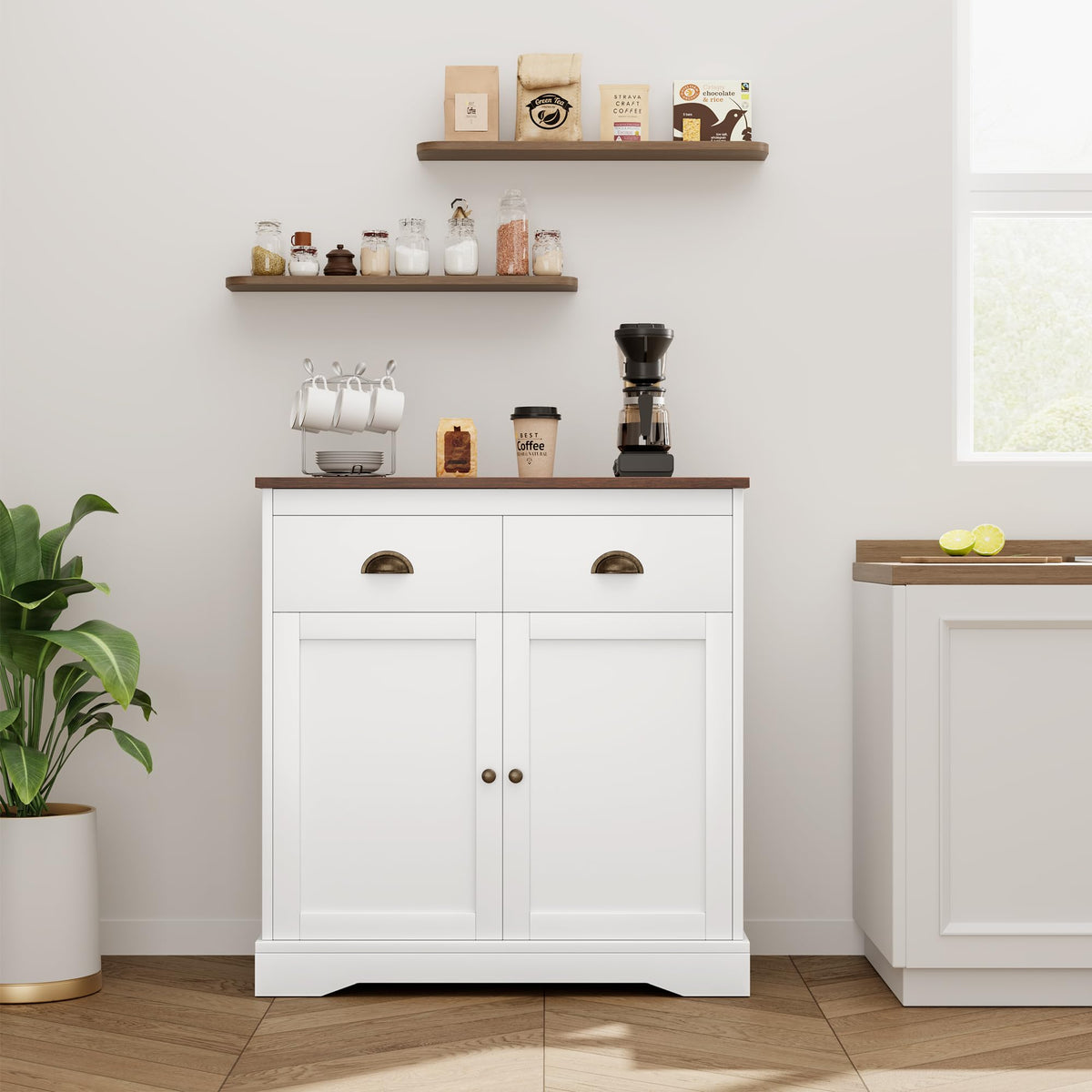 Garvee meuble bar à café, buffet moderne de style campagne avec 2 tiroirs, étagère réglable, double porte, blanc, bois, pour cuisine et salle à manger