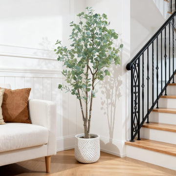 Eucalyptus artificiel Garvee 180 cm, en polyéthylène résistant aux intempéries, pour une utilisation intérieure et extérieure, blanc.