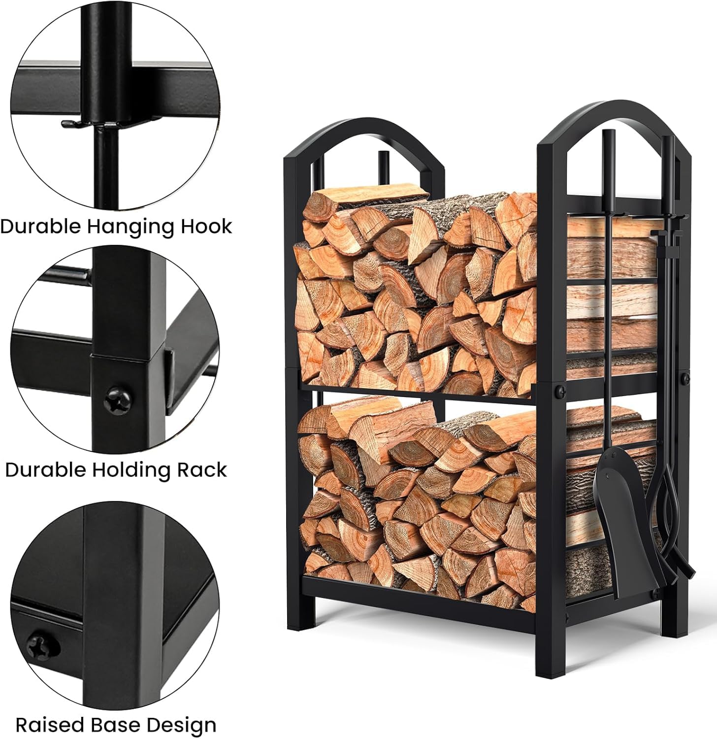 Étagère en bois Garvee pour usage intérieur et extérieur avec accessoires de cheminée, 40 x 30 x 75 cm, noire, résistante