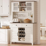 Meuble de cuisine Garvee de 183 cm de haut avec 4 portes, casier à vin, tiroirs, blanc, salle à manger, coin café, bois, étagères réglables