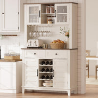 Meuble de cuisine Garvee de 183 cm de haut avec 4 portes, casier à vin, tiroirs, blanc, salle à manger, coin café, bois, étagères réglables
