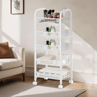 Chariot utilitaire Garvee petit modèle à 5 niveaux avec poignée et freins pour la cuisine et la salle de bain, structure en métal, paniers respirants, étroit et compact.