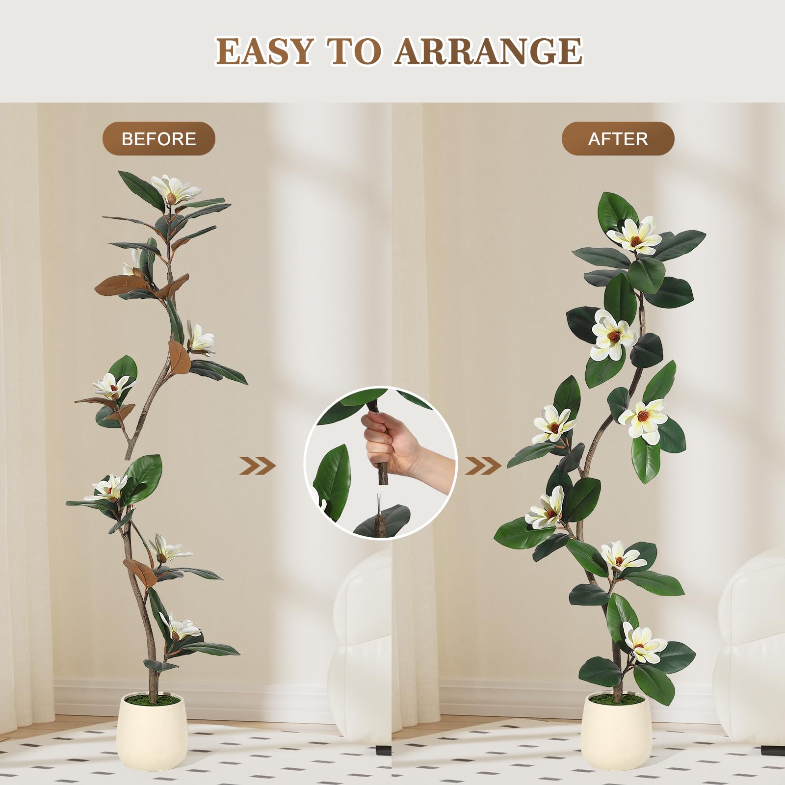 Garvee Arbre artificiel caoutchouc 152 cm en pot blanc, plante d’intérieur avec 7 fleurs de magnolia, idéale salon, bureau et décoration maison.