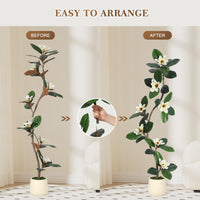 Garvee Arbre artificiel caoutchouc 152 cm en pot blanc, plante d’intérieur avec 7 fleurs de magnolia, idéale salon, bureau et décoration maison.