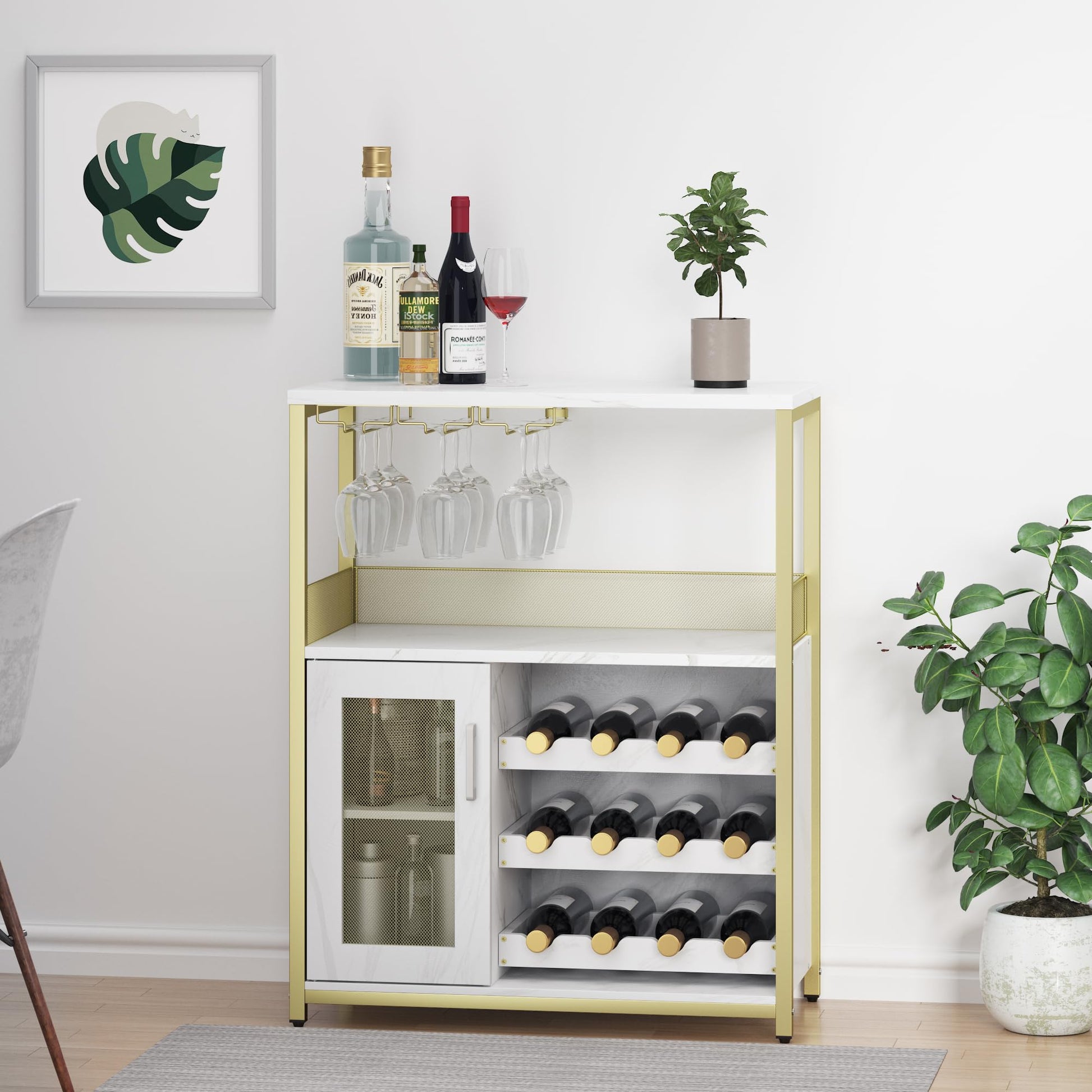 Garvee Meuble bar cave à vin 69 x 35 x 92 cm, casier à bouteilles amovible, porte-verres, structure MDF et fer doré, idéal pour salon, salle à manger et bar.