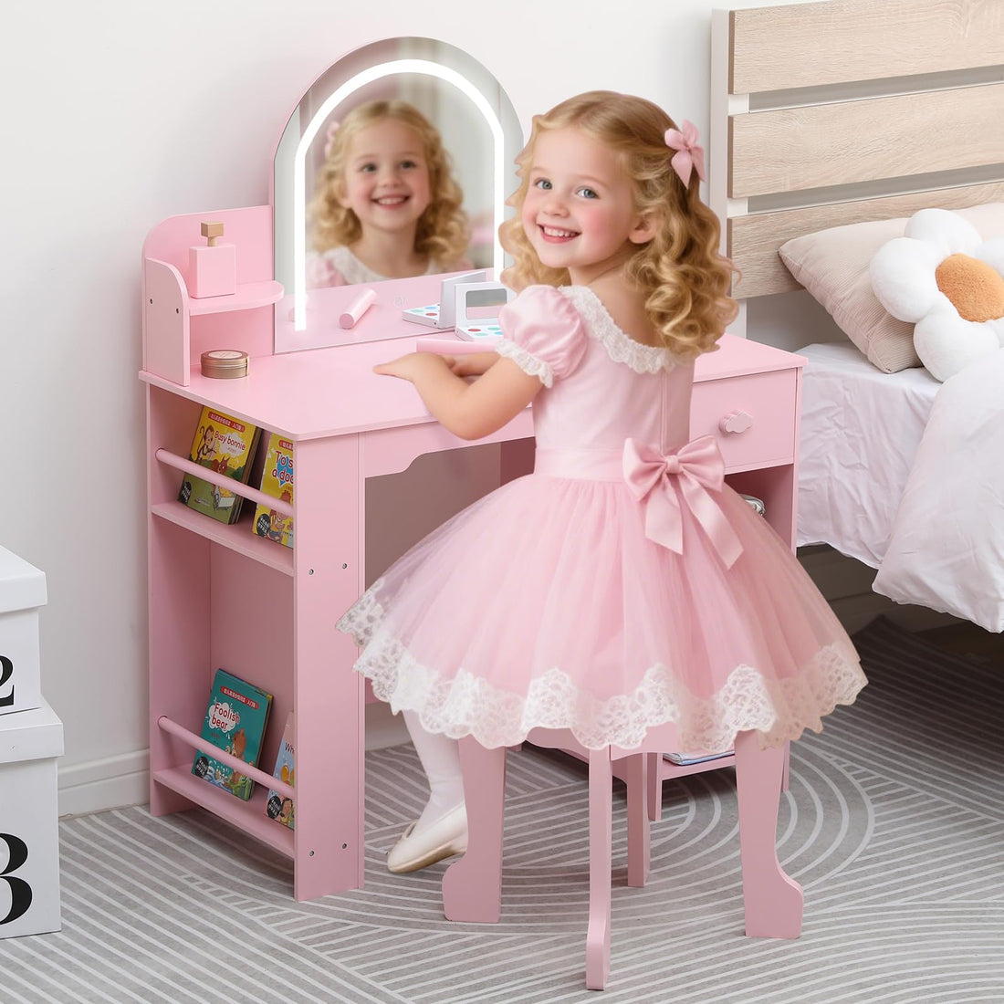 Coiffeuse Garvee pour enfants avec lumière LED, tabouret et étagère, en MDF rose, pour filles de 3 à 9 ans, chambre et salle de jeux