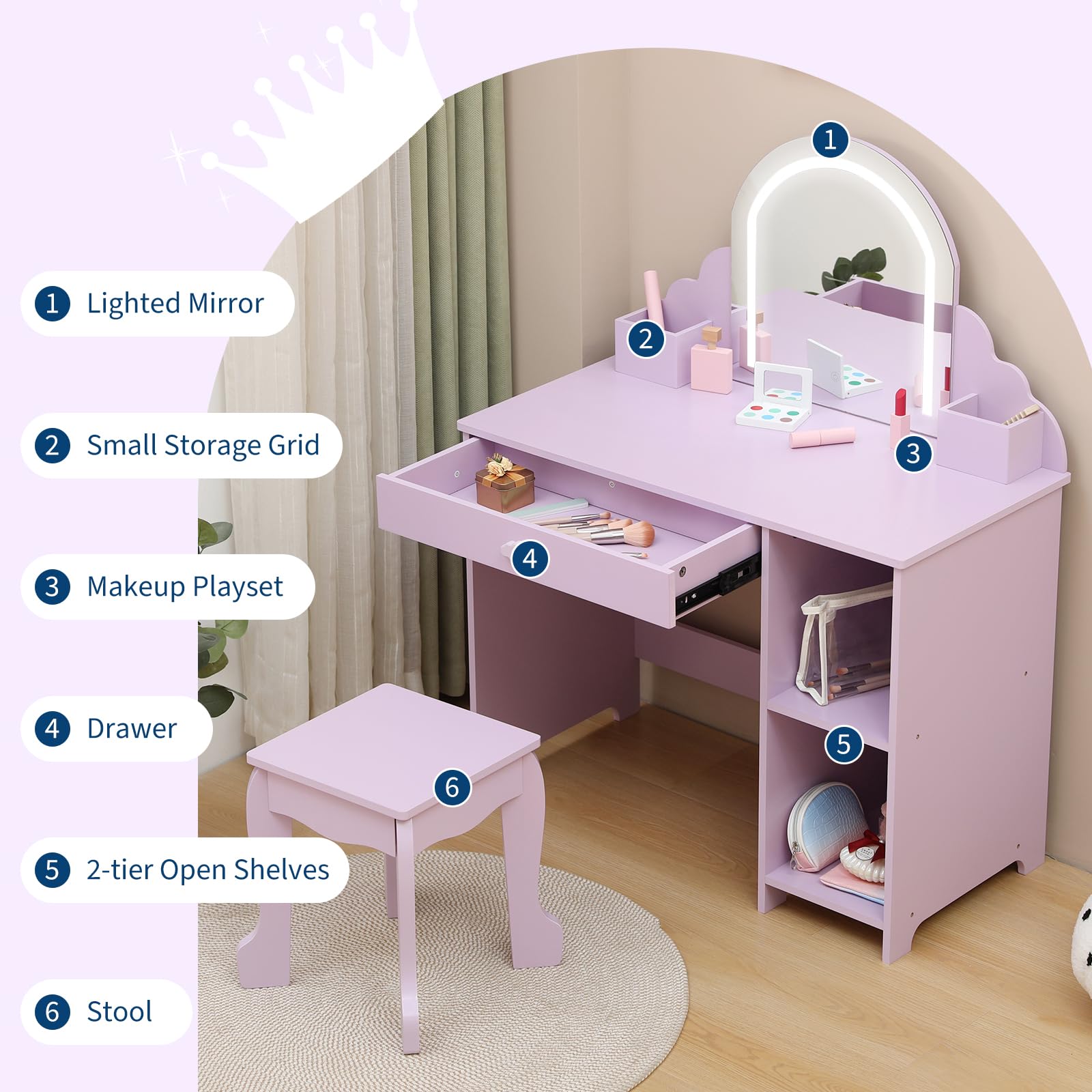 Garvee Coiffeuse Enfant avec Miroir LED, Table et Tabouret 2 en 1, Lumière Réglable, MDF Sûr, Grand Rangement, 100 cm, Lilas
