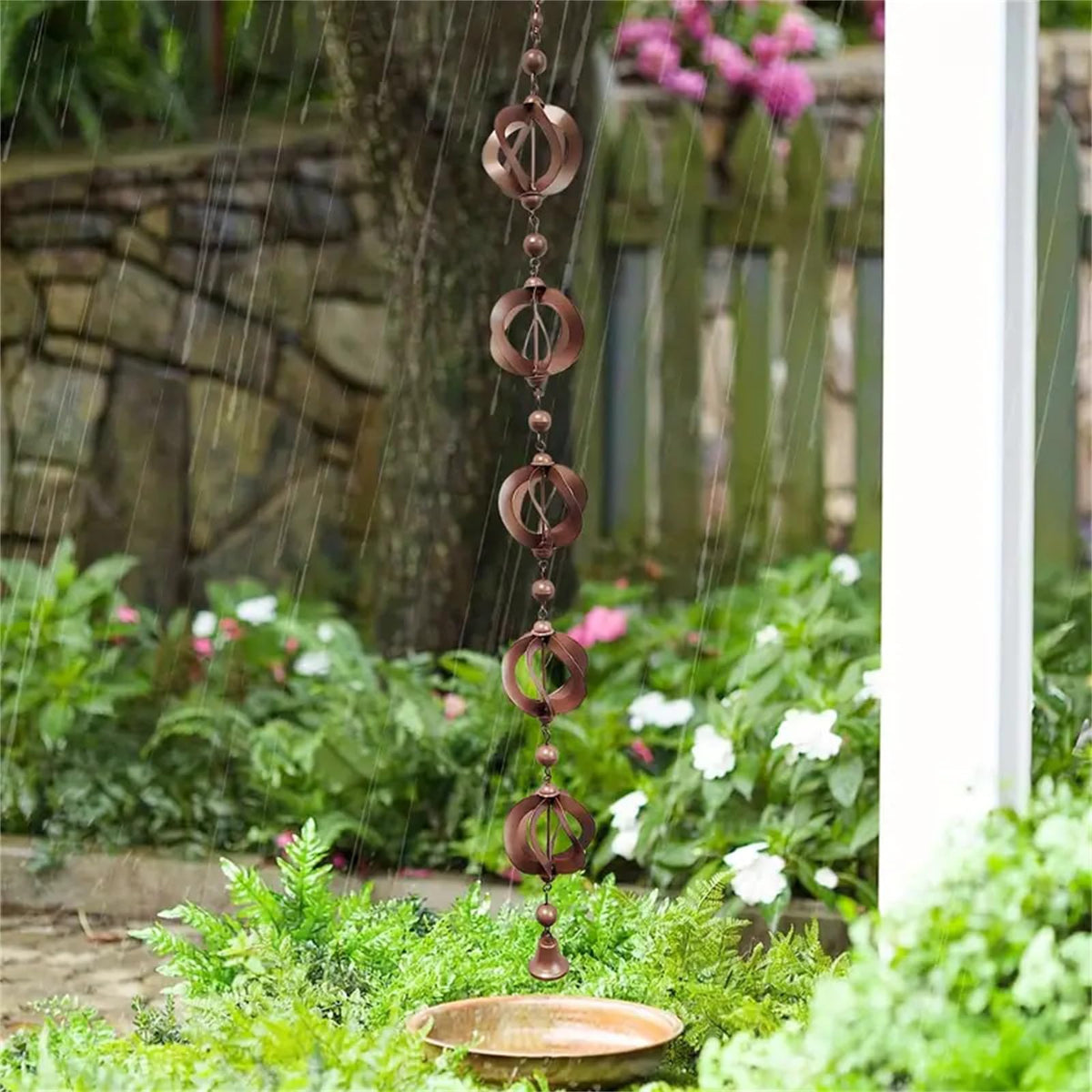 Carillon éolien en métal Garvee Rain Chain Bell Goot 108 cm, décoration de gouttière et de jardin, style rétro argenté