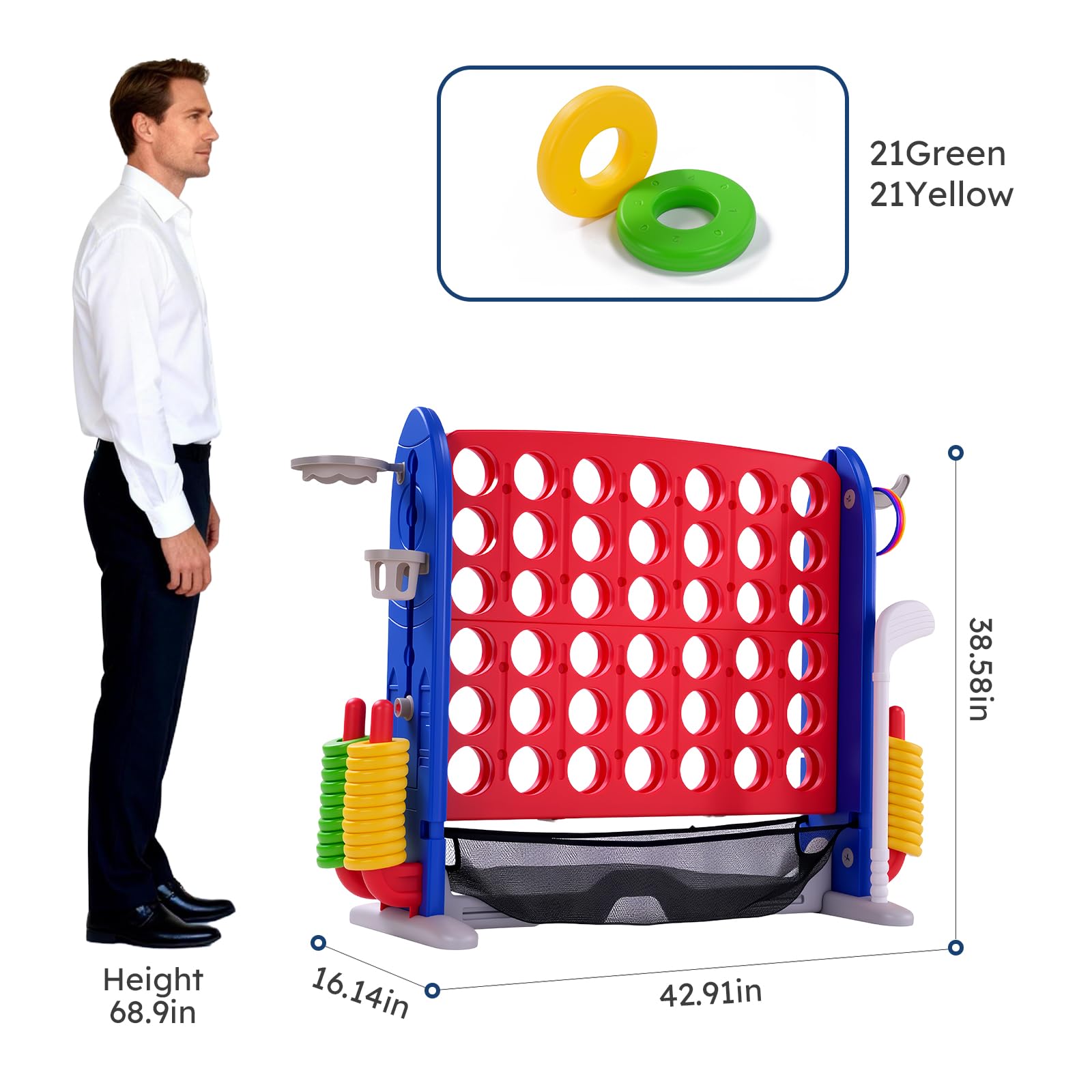 Jeu géant 4 en 1 Garvee Puissance 4 avec panier de basket et jeu d'anneaux pour le jardin et les fêtes de famille, hauteur réglable, robuste en PE/PP, portable
