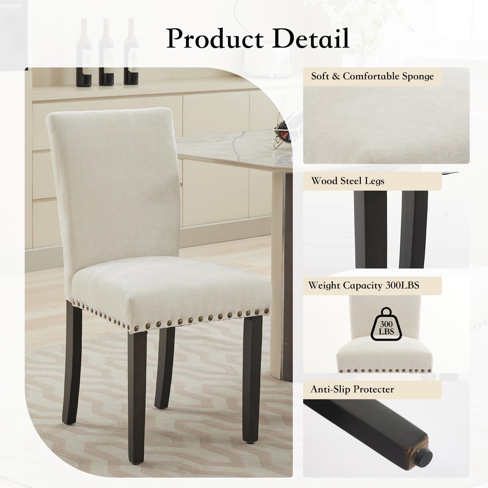 Ensemble de 2 chaises de salle à manger rembourrées Garvee, style moderne, garniture cloutée, tissu, ergonomiques, pieds en bois, beige, pour la cuisine et la salle à manger