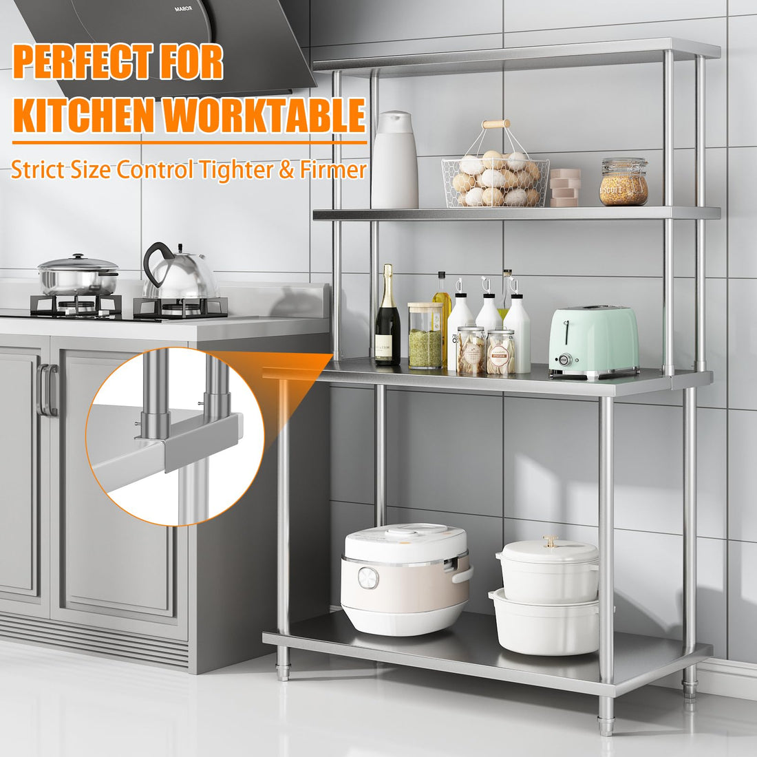Étagère double supérieure Garvee en acier inoxydable 12 x 48 pouces, réglable, à 2 niveaux, pour cuisine et atelier, résistante à la rouille et robuste.