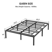 Cadre de lit Garvee Queen en métal, 35,5 cm (14 pouces), structure en acier robuste, silencieux, antidérapant, avec rangement, chambre à coucher, noir