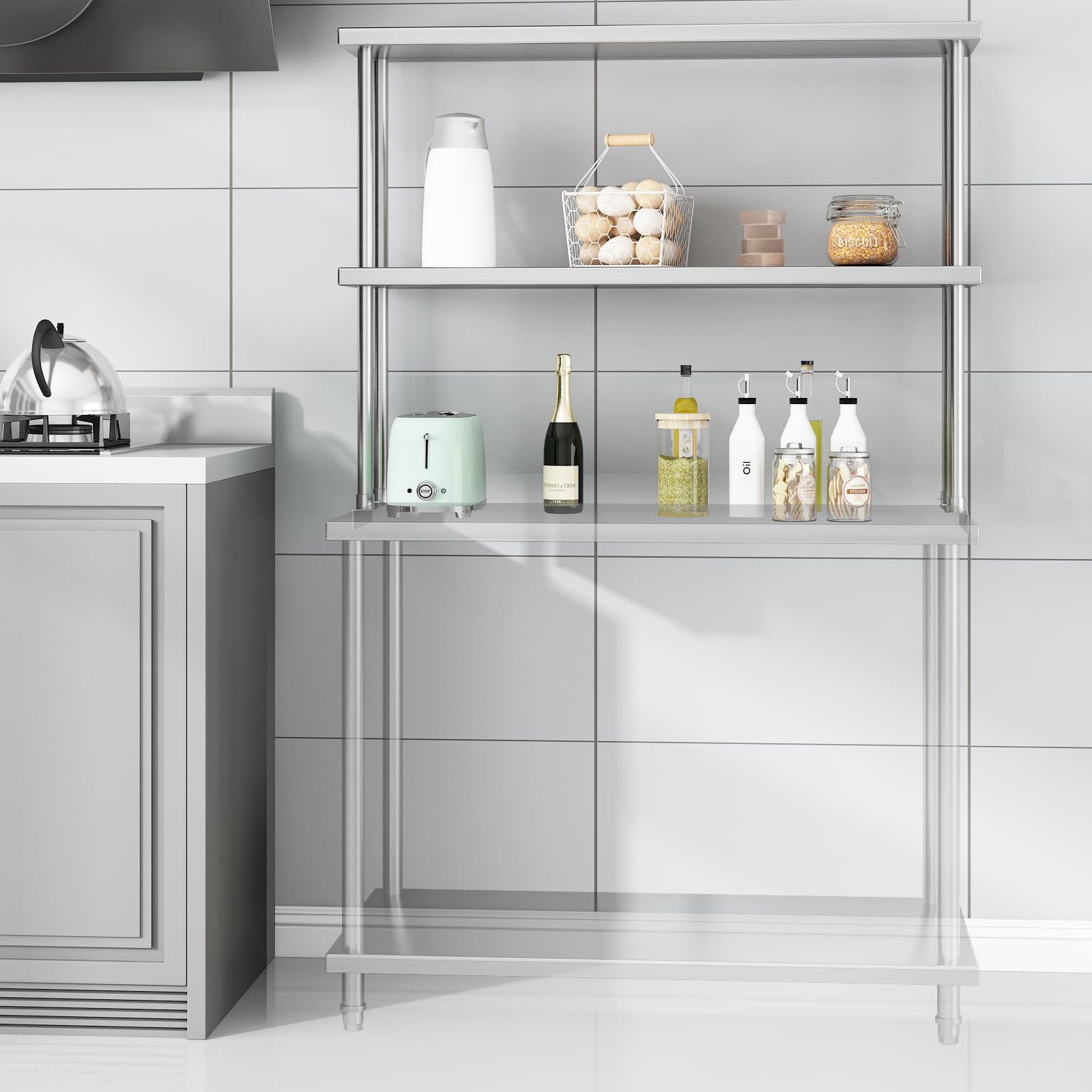 Étagère double supérieure Garvee en acier inoxydable 12 x 48 pouces, réglable, à 2 niveaux, pour cuisine et atelier, résistante à la rouille et robuste.