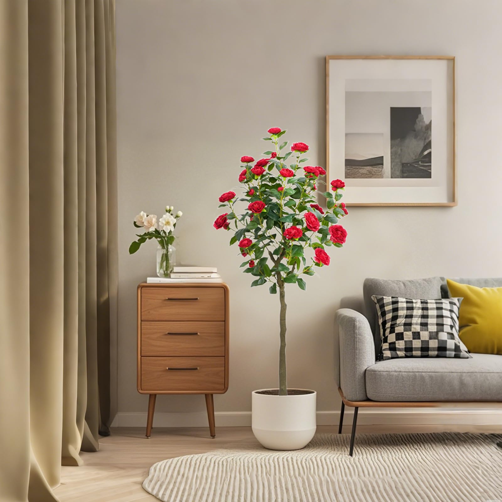 Camélia artificiel rouge Garvee de 1,5 m avec fleurs et feuilles réalistes, idéal pour le salon et l'extérieur. Entretien facile et robuste.