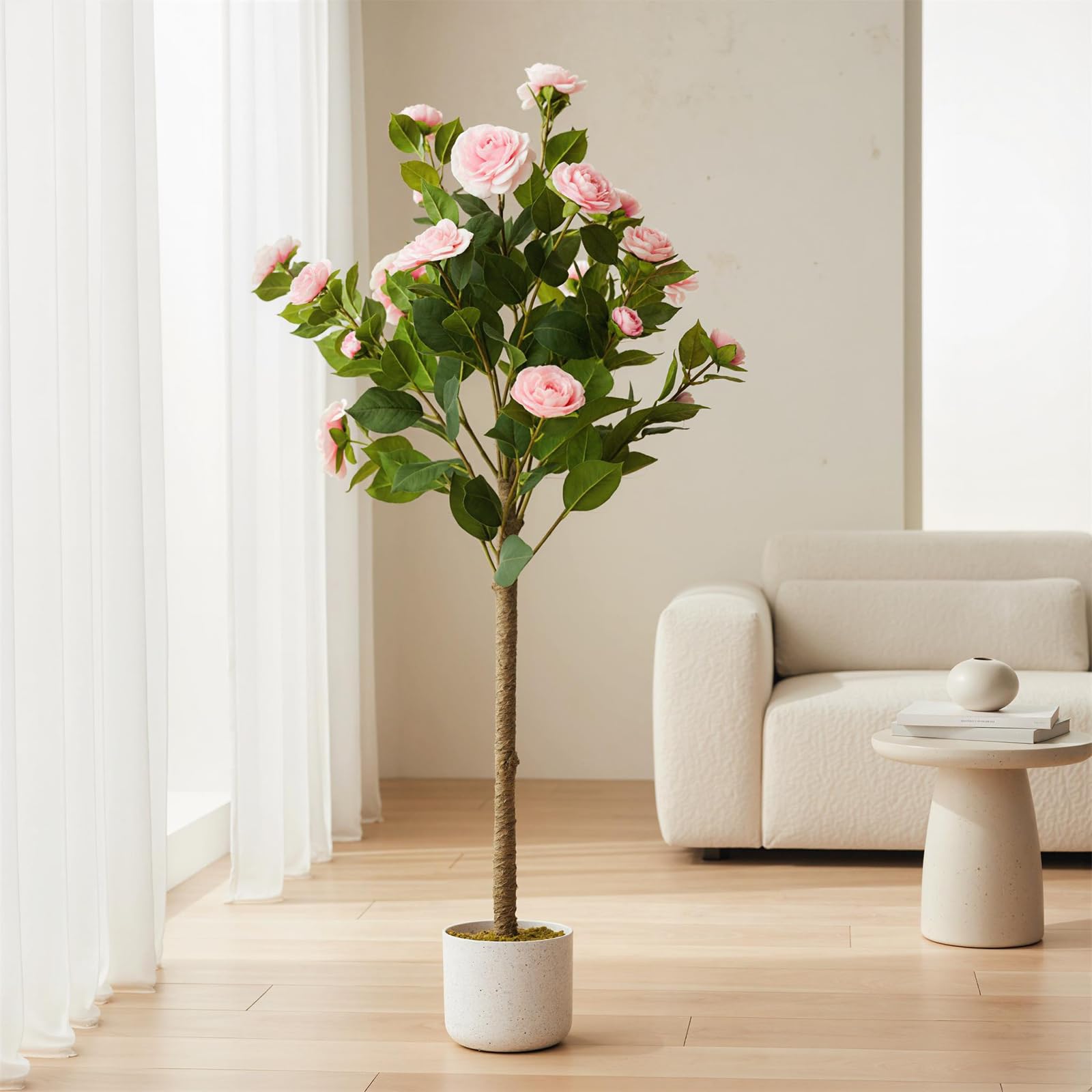 Camélia artificiel Garvee de 1,10 m avec 20 fleurs roses, pot blanc, pour bureau et maison