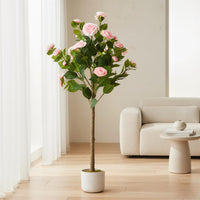 Camélia artificiel Garvee de 1,10 m avec 20 fleurs roses, pot blanc, pour bureau et maison