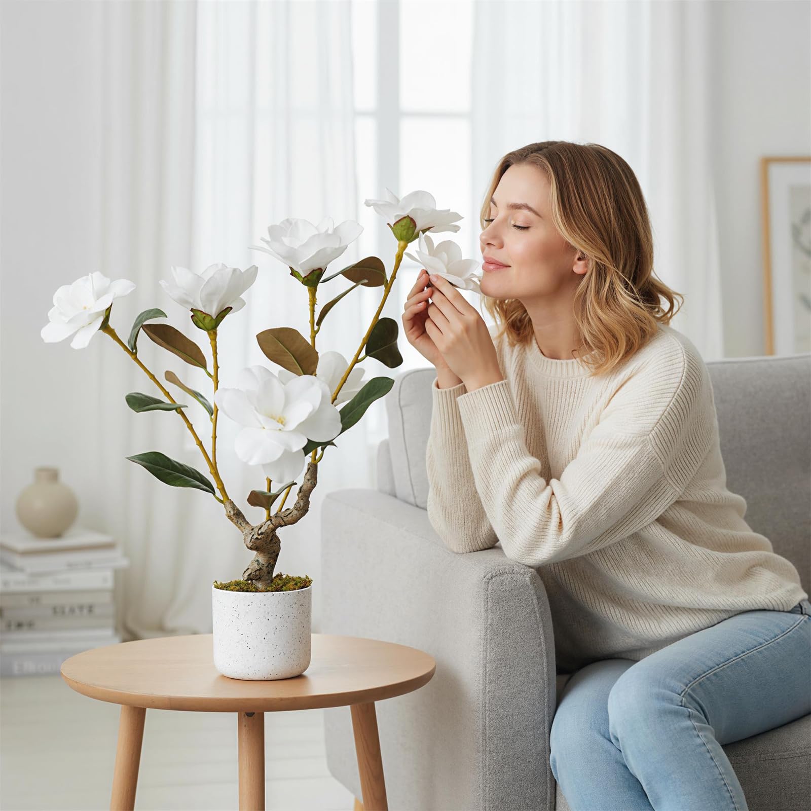Magnolia artificiel Garvee de 61 cm avec pot blanc moucheté pour salon et bureau, facile d'entretien, durable, fleurs de magnolia réalistes