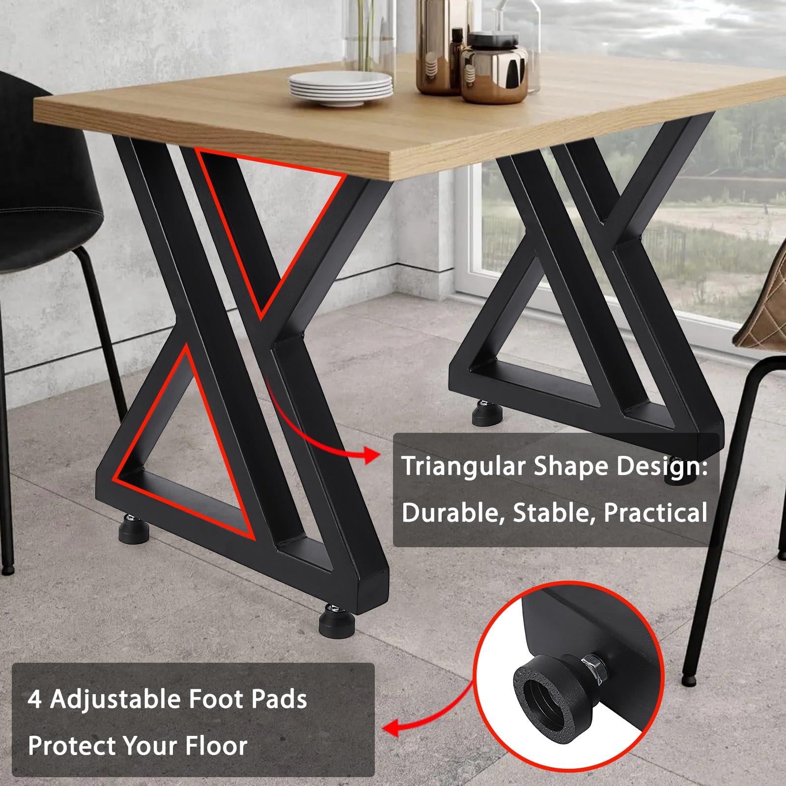 Pieds de table en métal Garvee 40 x 45 cm (15,7 x 17,7 po), robustes, en fer forgé, réglables, pour tables de salle à manger et de jardin, noirs.