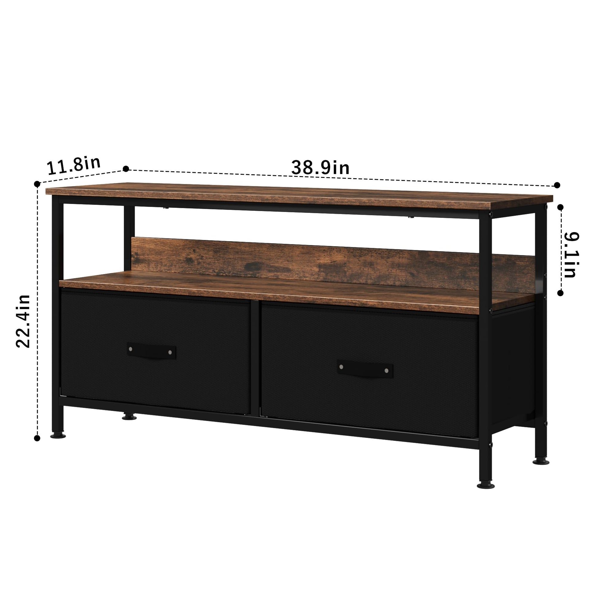 Garvee Meuble TV 127 cm, style commode compacte avec 2 tiroirs, bois brun/noir rétro pour salon et chambre
