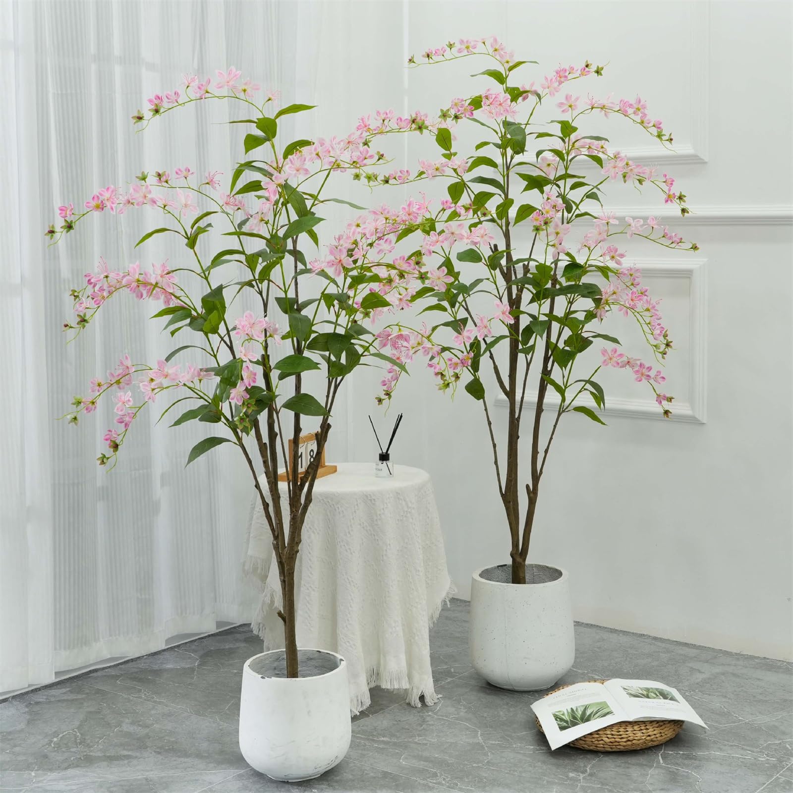 Arbre artificiel fleuri Garvee de 1,5 m, fleurs roses, structure en plastique et béton, pour la décoration intérieure et extérieure