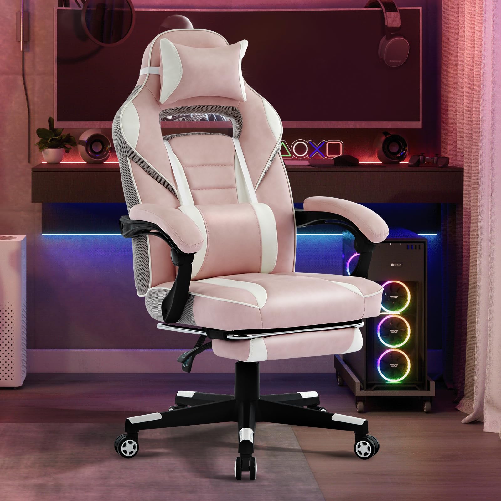 Garvee Chaise gaming ergonomique rose avec repose-pieds, appui-tête et soutien lombaire, pivotante 360°, hauteur réglable, capacité 136 kg, adulte et ado