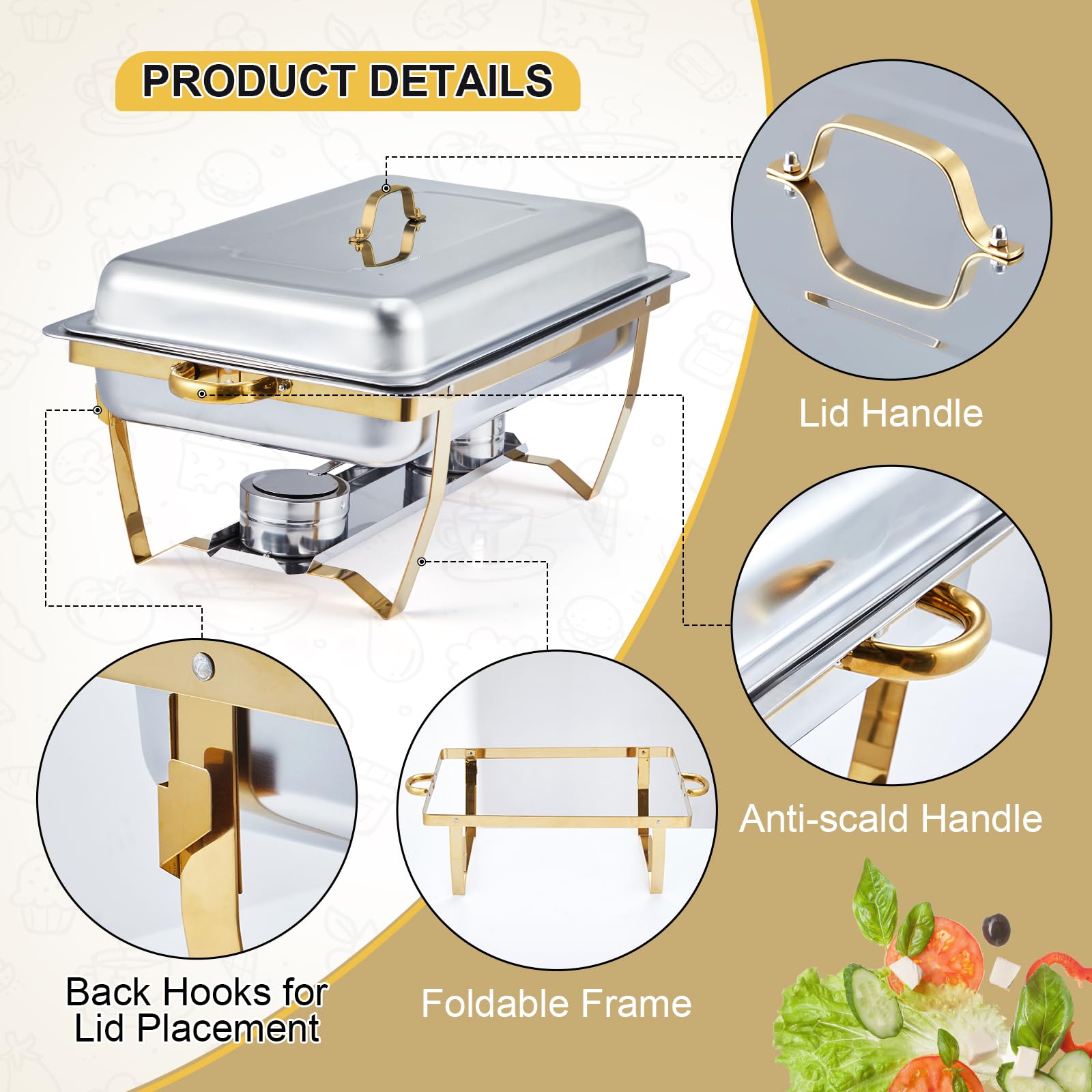 Garvee Lot de 2 chauffe-plats dorés 8 QT en acier inoxydable, 62 x 35,5 x 30,5 cm, pour buffets, traiteurs, fêtes et mariages