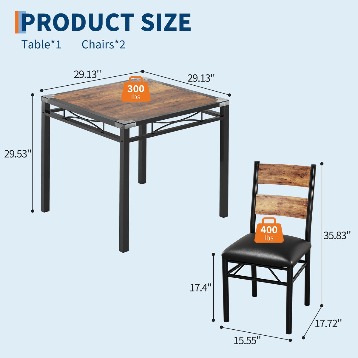 Ensemble table et chaises Garvee pour 2 personnes avec chaises rembourrées, protections d'angle, structure robuste en MDF, ergonomique, gain de place, marron, pour cuisine et appartement
