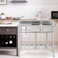 Garvee Évier commercial double bac en acier inoxydable, robinet pivotant 360°, étagères de rangement, pour cuisine et extérieur, 33 × 33 × 21 cm.
