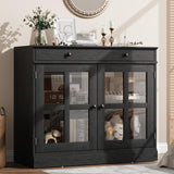Garvee buffet 90 cm avec portes en verre, rangement ajustable, tiroirs, bois noir, salle à manger, construction solide - Noir