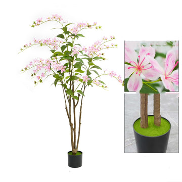 Arbre artificiel fleuri Garvee de 1,5 m, fleurs roses, structure en plastique et béton, pour la décoration intérieure et extérieure