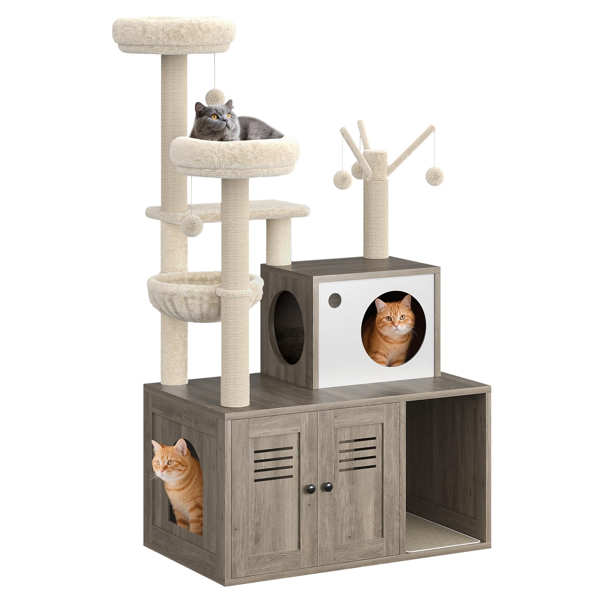 Meuble pour chat Garvee en bois avec bac à litière dissimulé, griffoir et hamac pour chats de petite et moyenne taille, plusieurs niveaux, gris rustique, salon