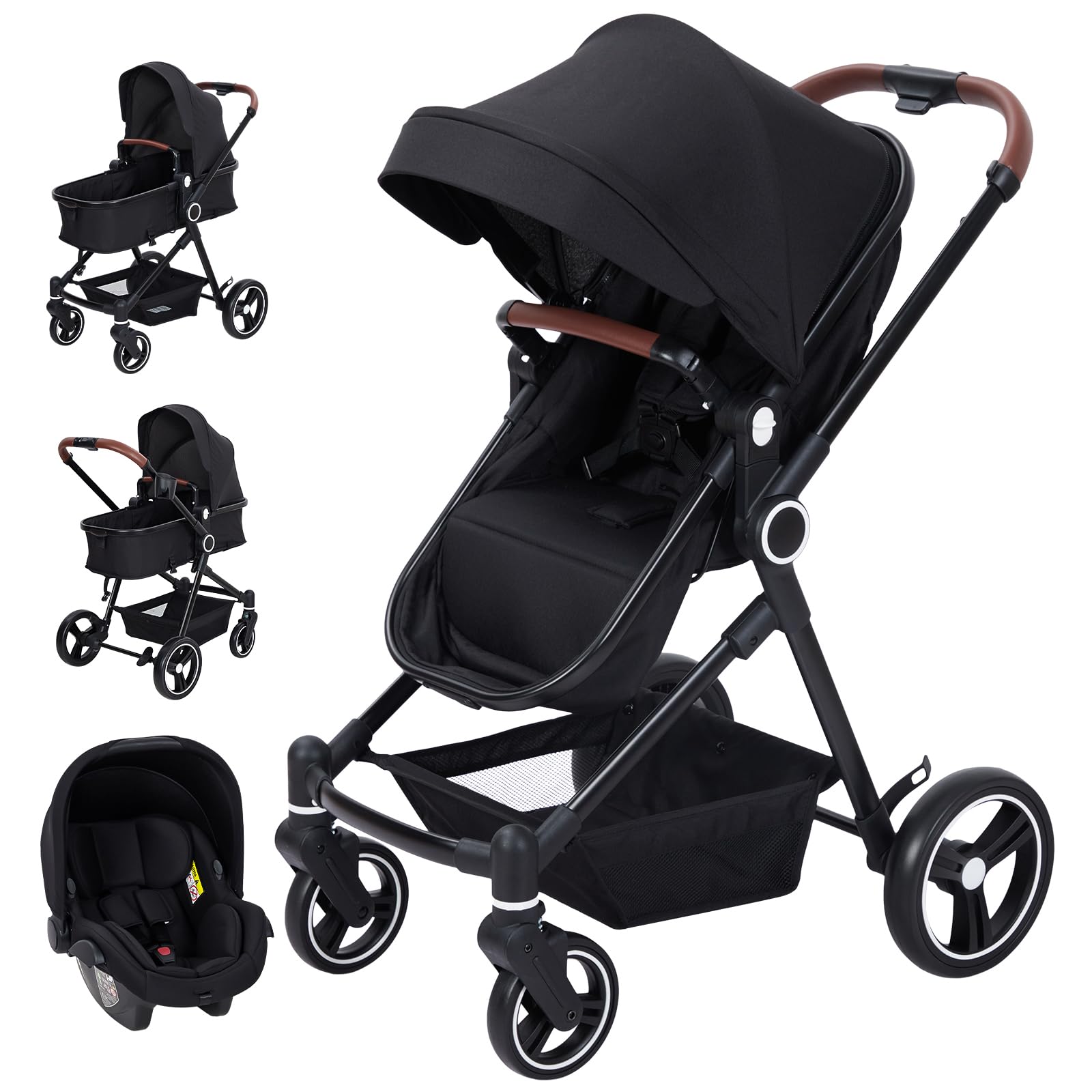 Poussette combinée 3 en 1 Garvee, ensemble complet avec nacelle, landau et siège auto pour enfants de 0 à 22 kg, coloris noir.