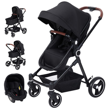 Poussette combinée 3 en 1 Garvee, ensemble complet avec nacelle, landau et siège auto pour enfants de 0 à 22 kg, coloris noir.