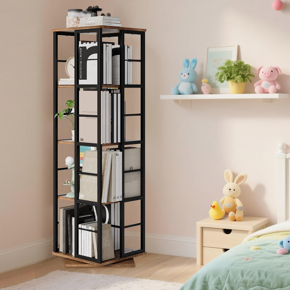 Garvee étagère d'angle pivotante à 4 niveaux, rotation à 360°, bois et métal, idéale pour le salon ou le bureau, 137 cm (137 cm), brun